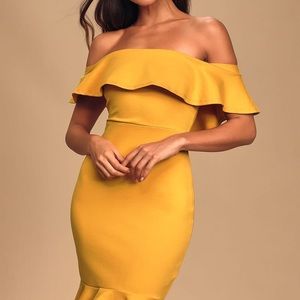 Confidence Boost Mustard Off-the-Shoulder Bodycon